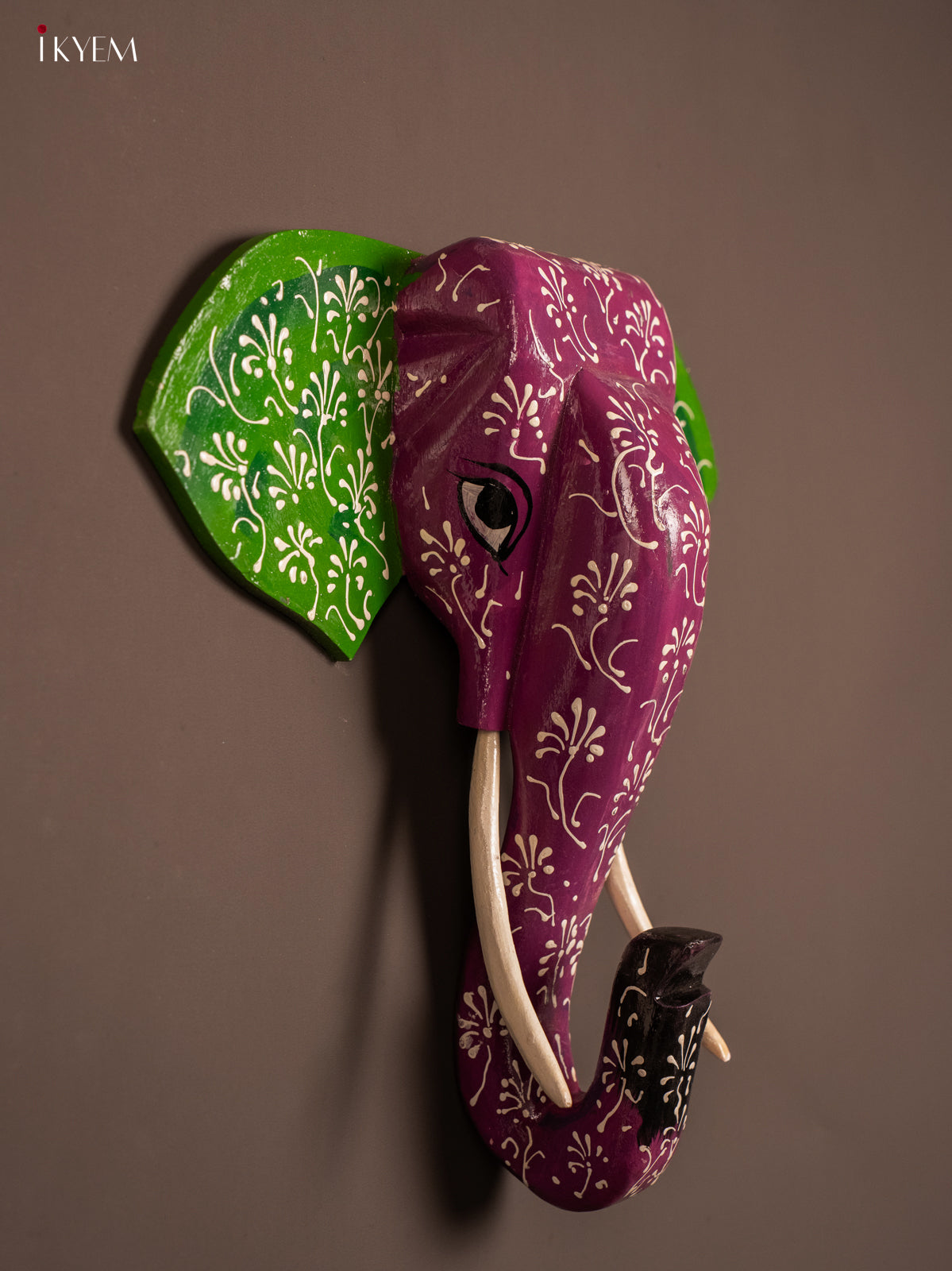 wooden hand painted elephant Head - Violet with Green