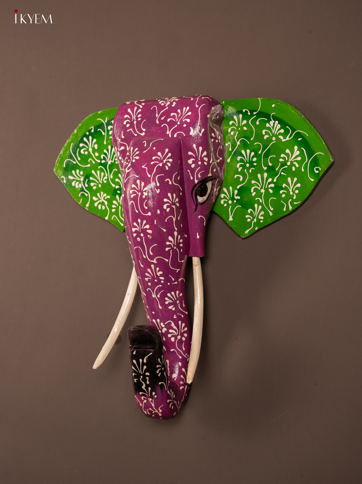 wooden hand painted elephant Head - Violet with Green