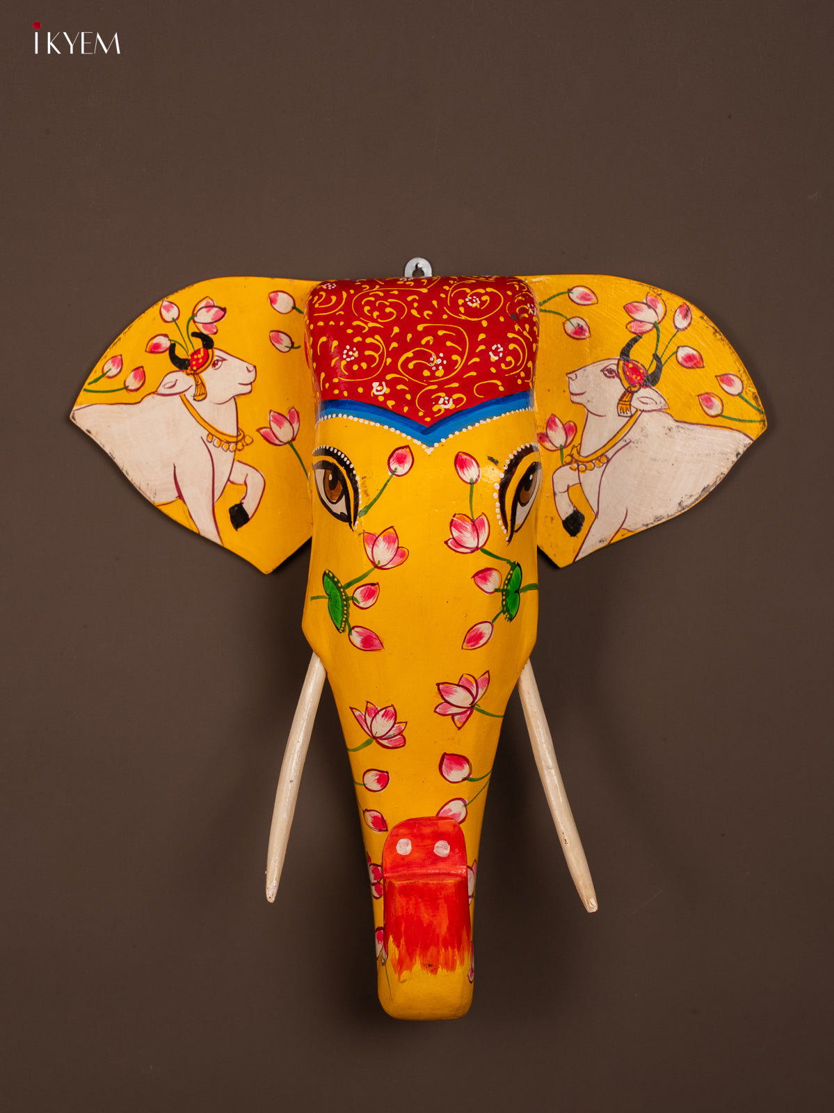 wooden hand painted elephant Head pichwai - Yellow with Red - KF03135