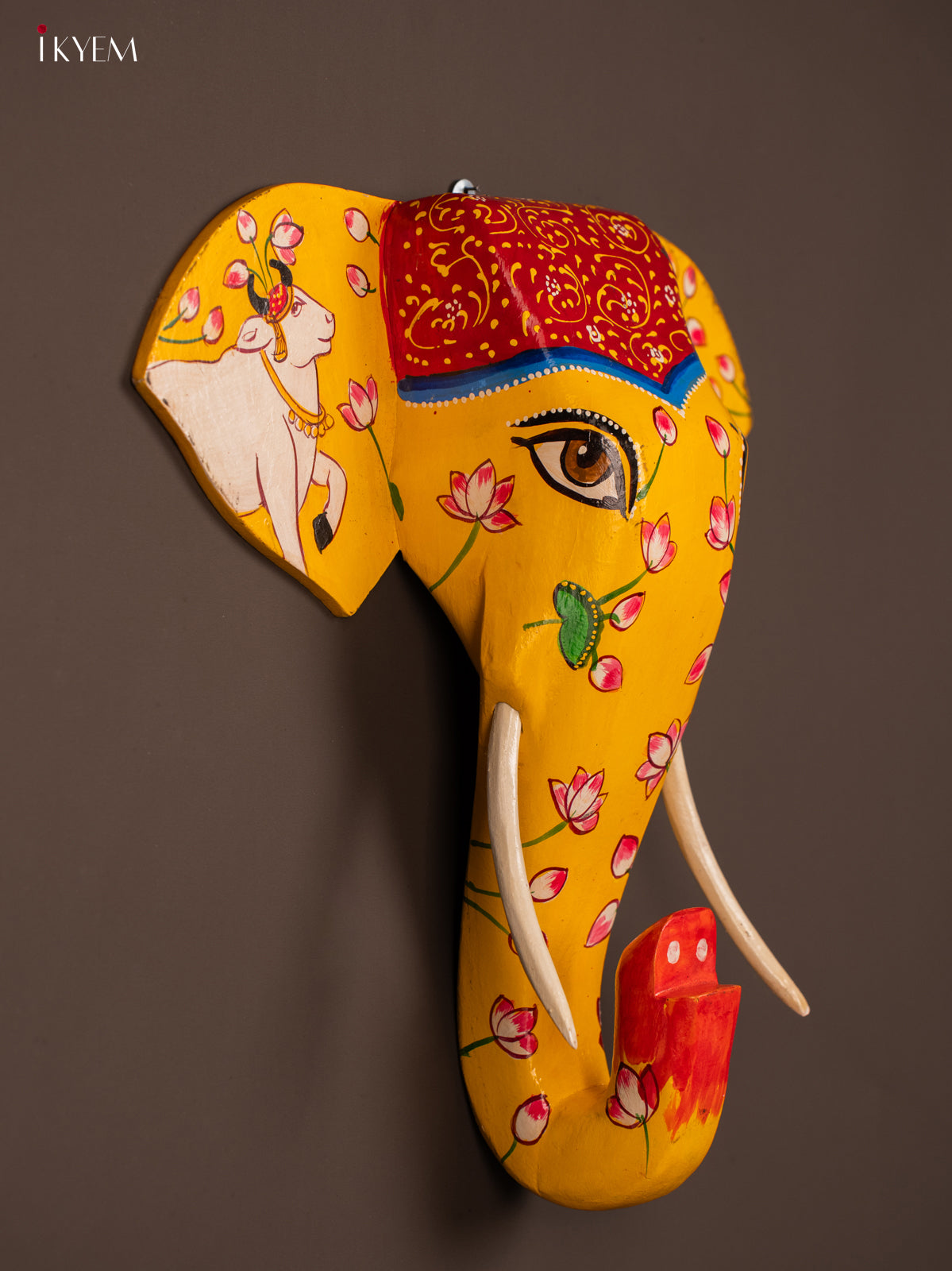 wooden hand painted elephant Head pichwai - Yellow with Red - KF03135