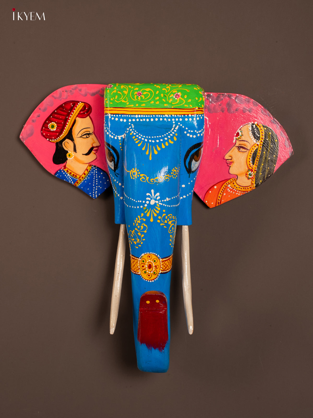wooden hand painted elephant head - Pink with Blue - KF03146
