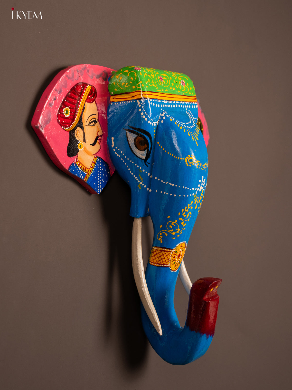 wooden hand painted elephant head - Pink with Blue - KF03146