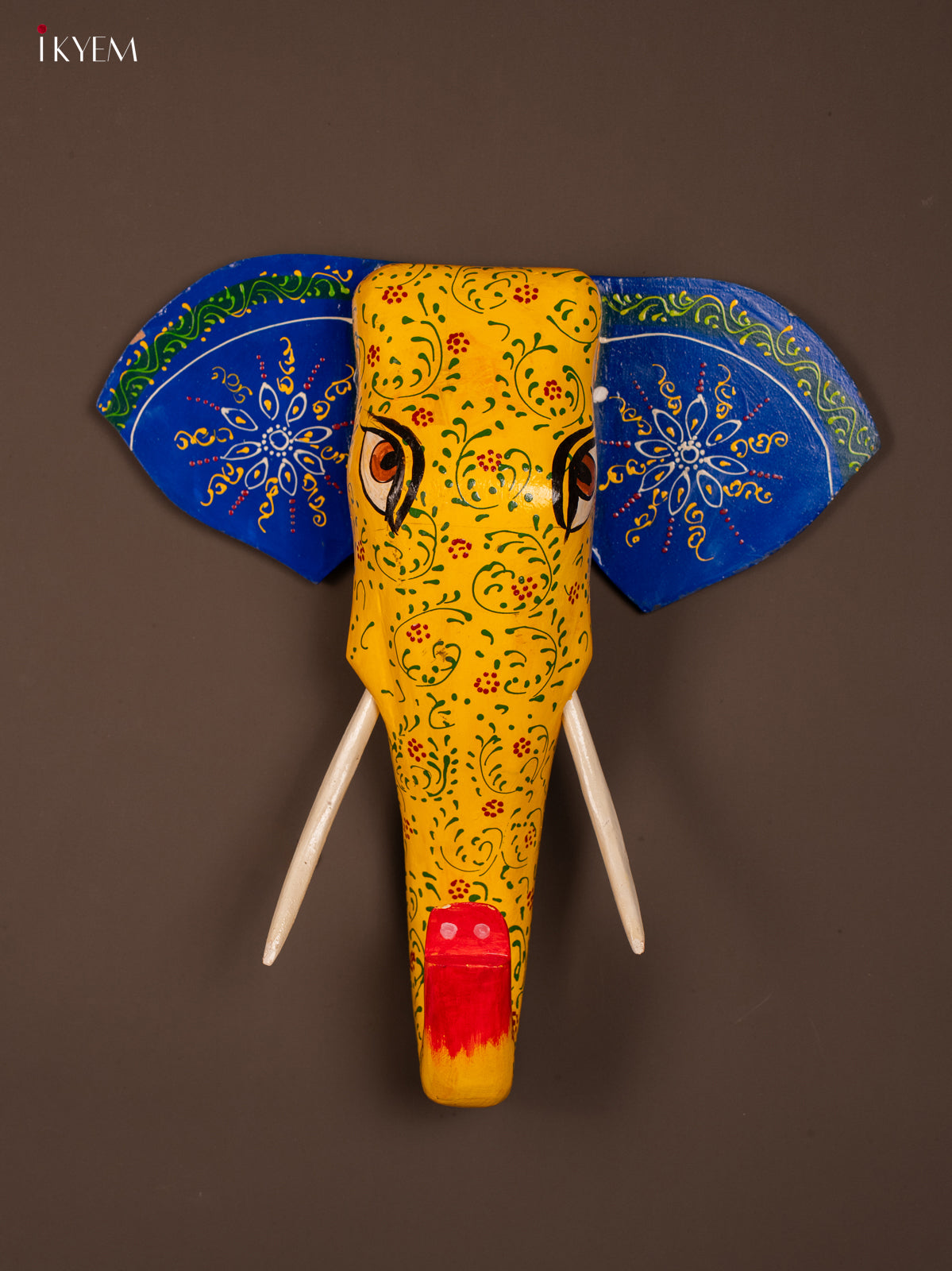 wooden hand painted elephant head - Blue with Yellow - KF03147