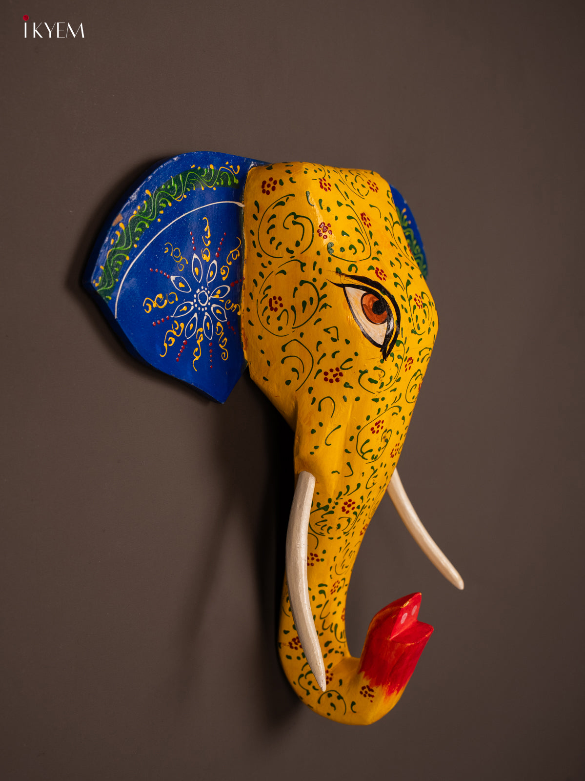 wooden hand painted elephant head - Blue with Yellow - KF03147