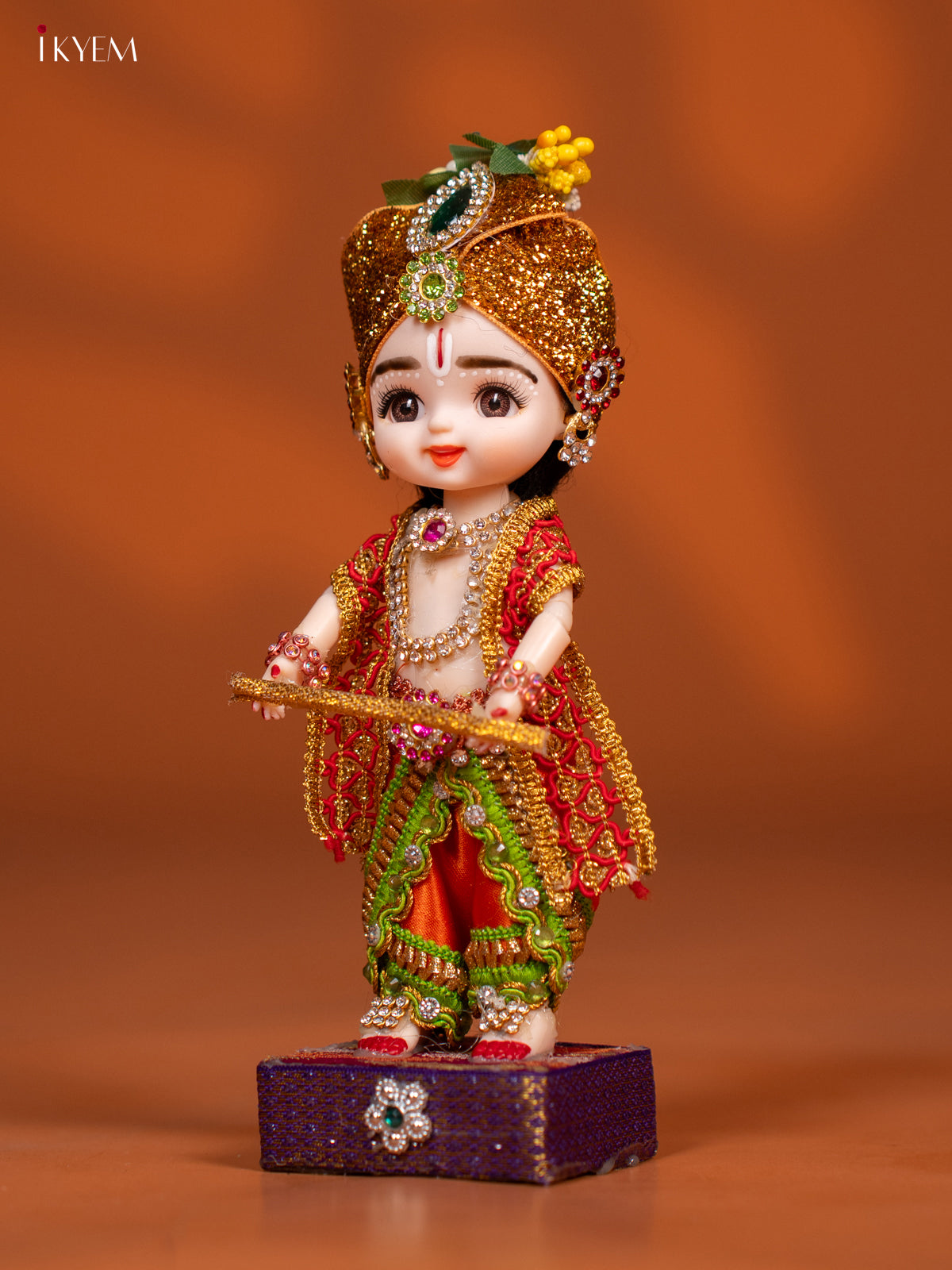 Baby Krishna with Flute - Golu Display Doll - Green & Orange - KF04148