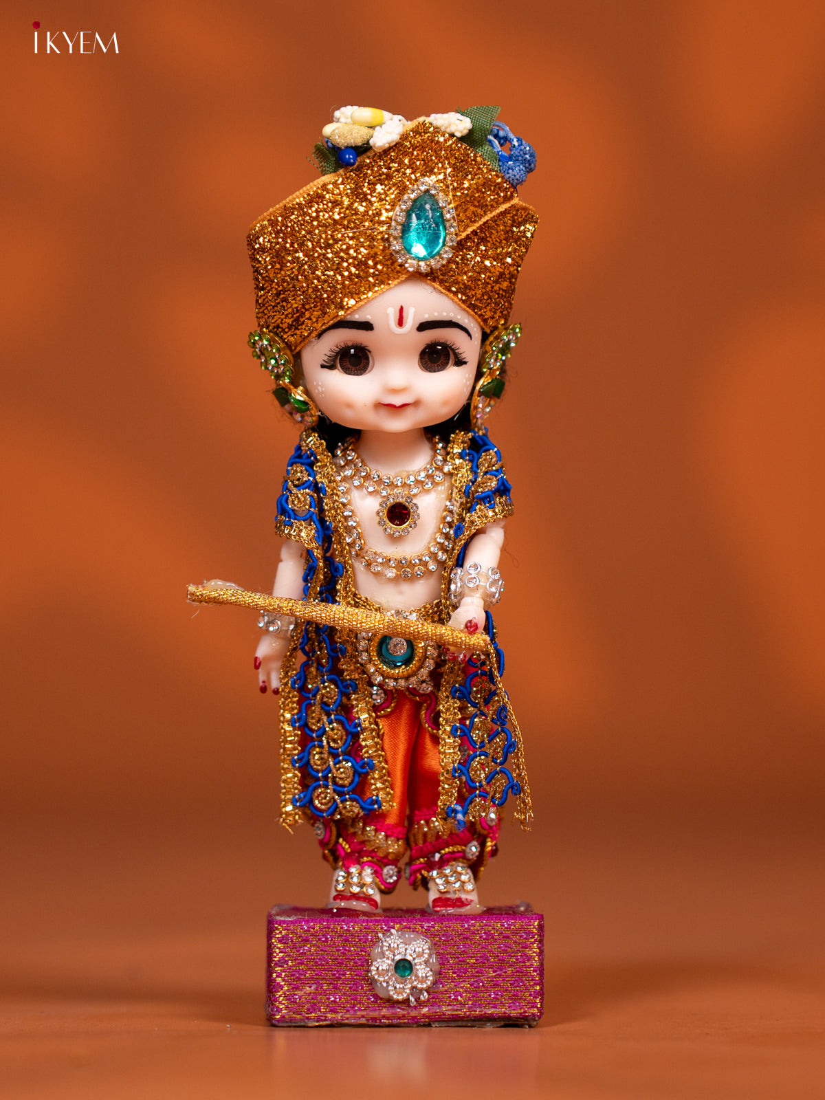 Baby Krishna with Flute - Golu Display Doll - Blue & Orange - KF04149