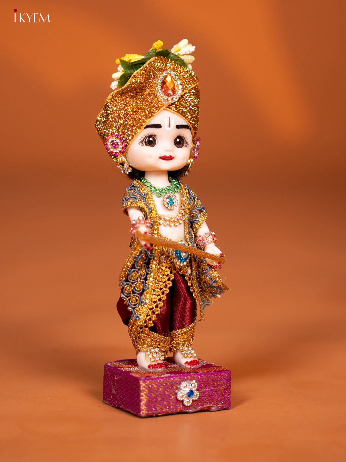 Baby Krishna with Flute - Golu Display Doll - Maroon & Green - KF04153