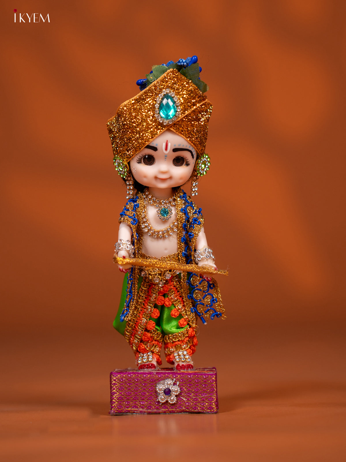 Baby Krishna with Flute - Golu Display Doll - Orange & Green - KF04155