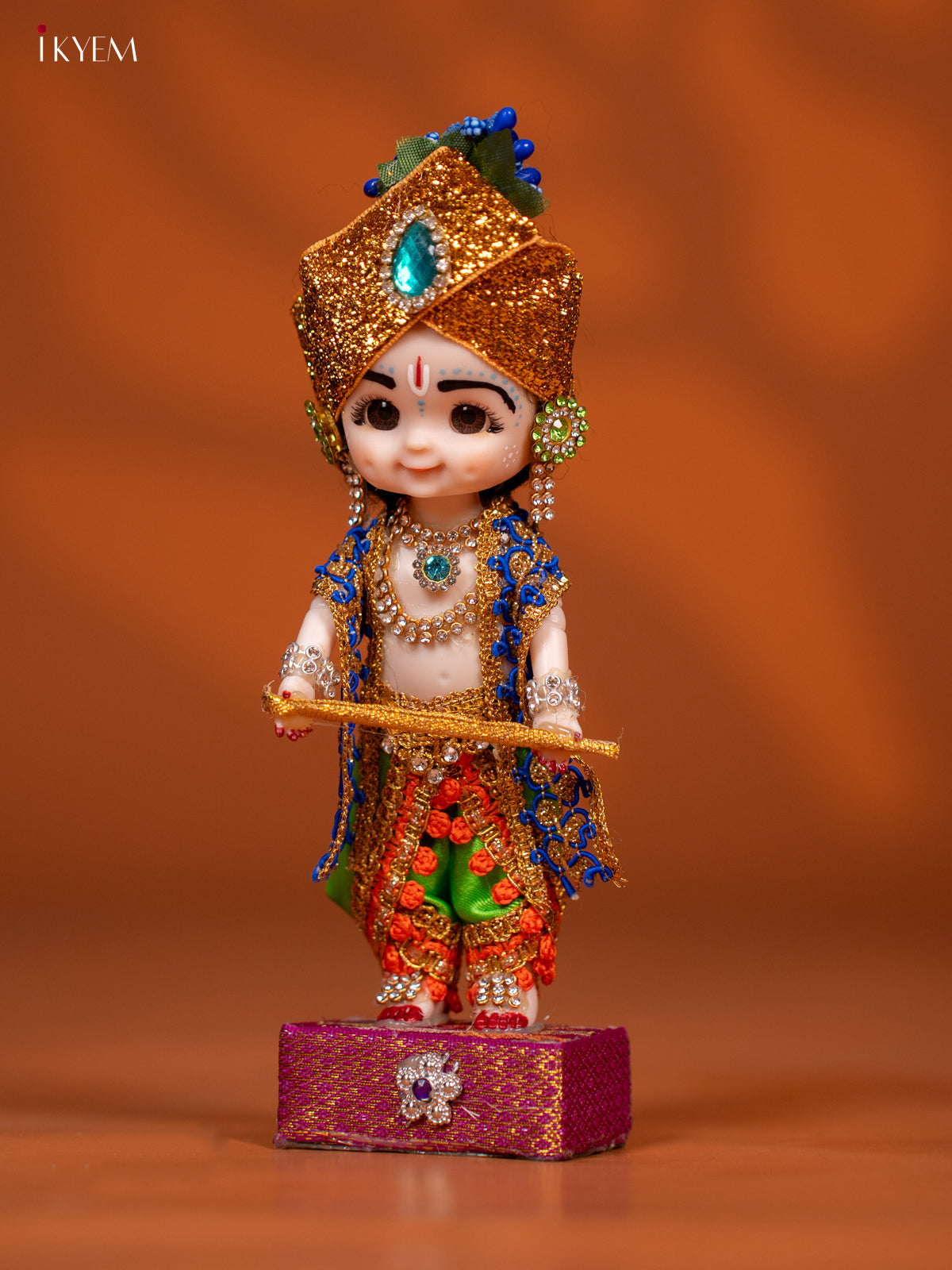 Baby Krishna with Flute - Golu Display Doll - Orange & Green - KF04155
