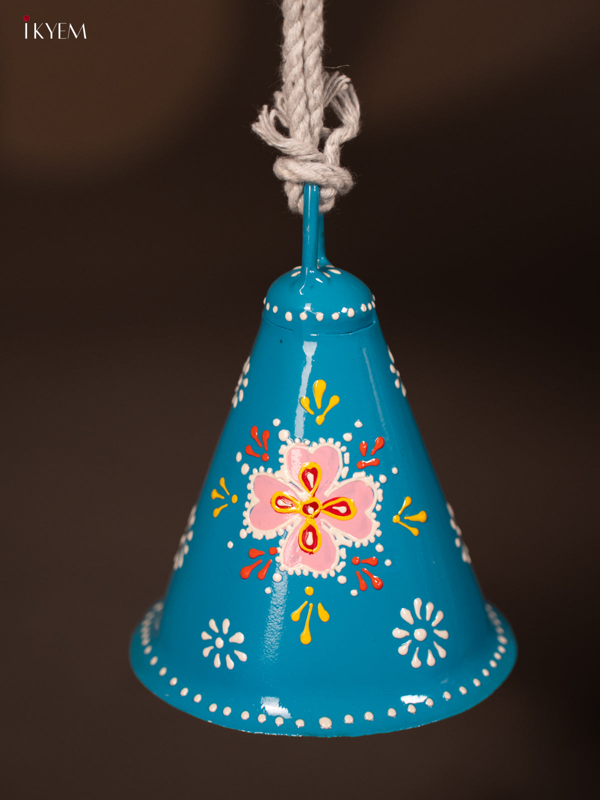 Hand Painted Cow Bell Cone Shape with Rope Handle - Blue - KF07144