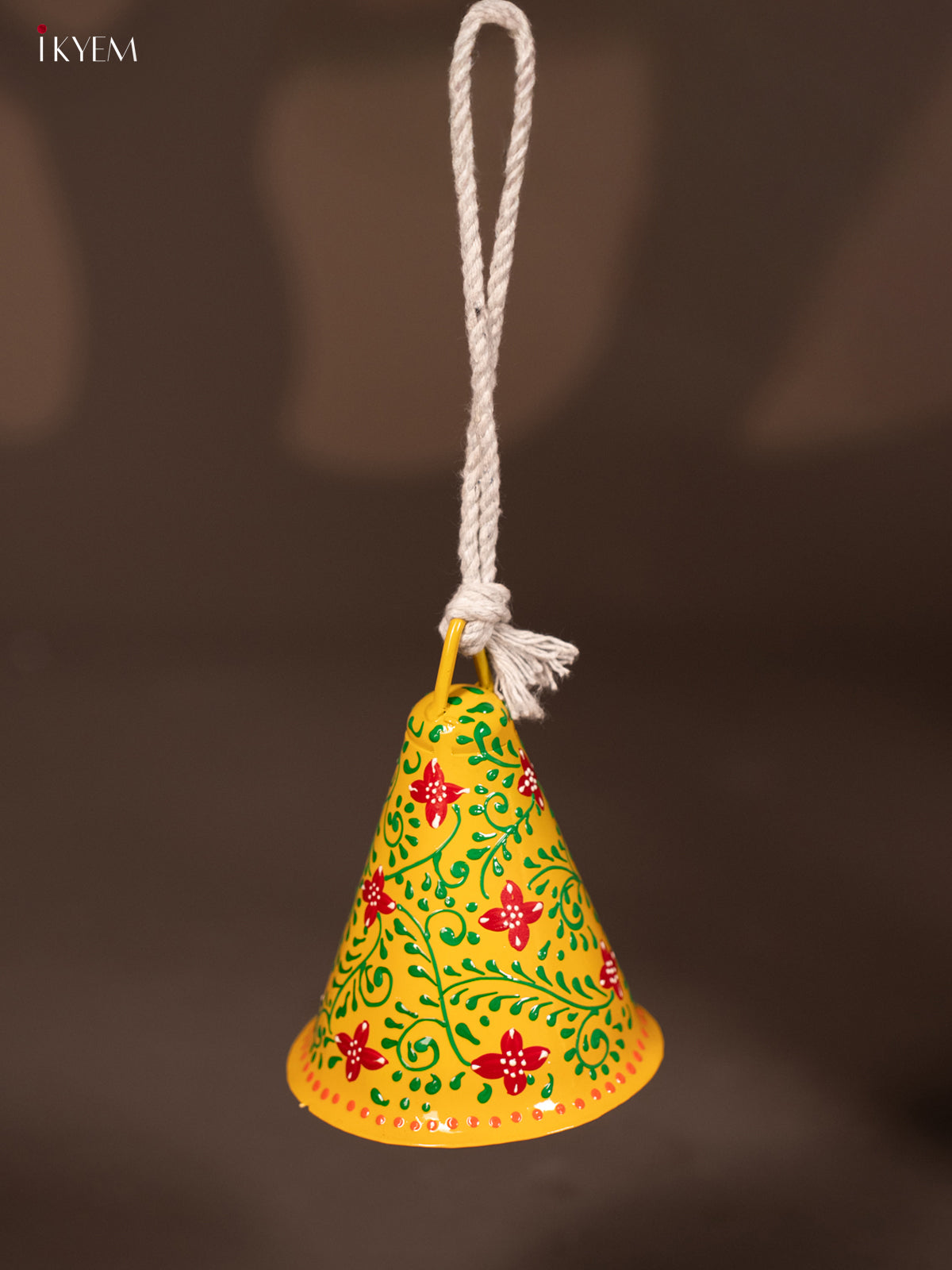 Hand Painted Cow Bell Cone Shape with Rope Handle - Yellow - KF07145