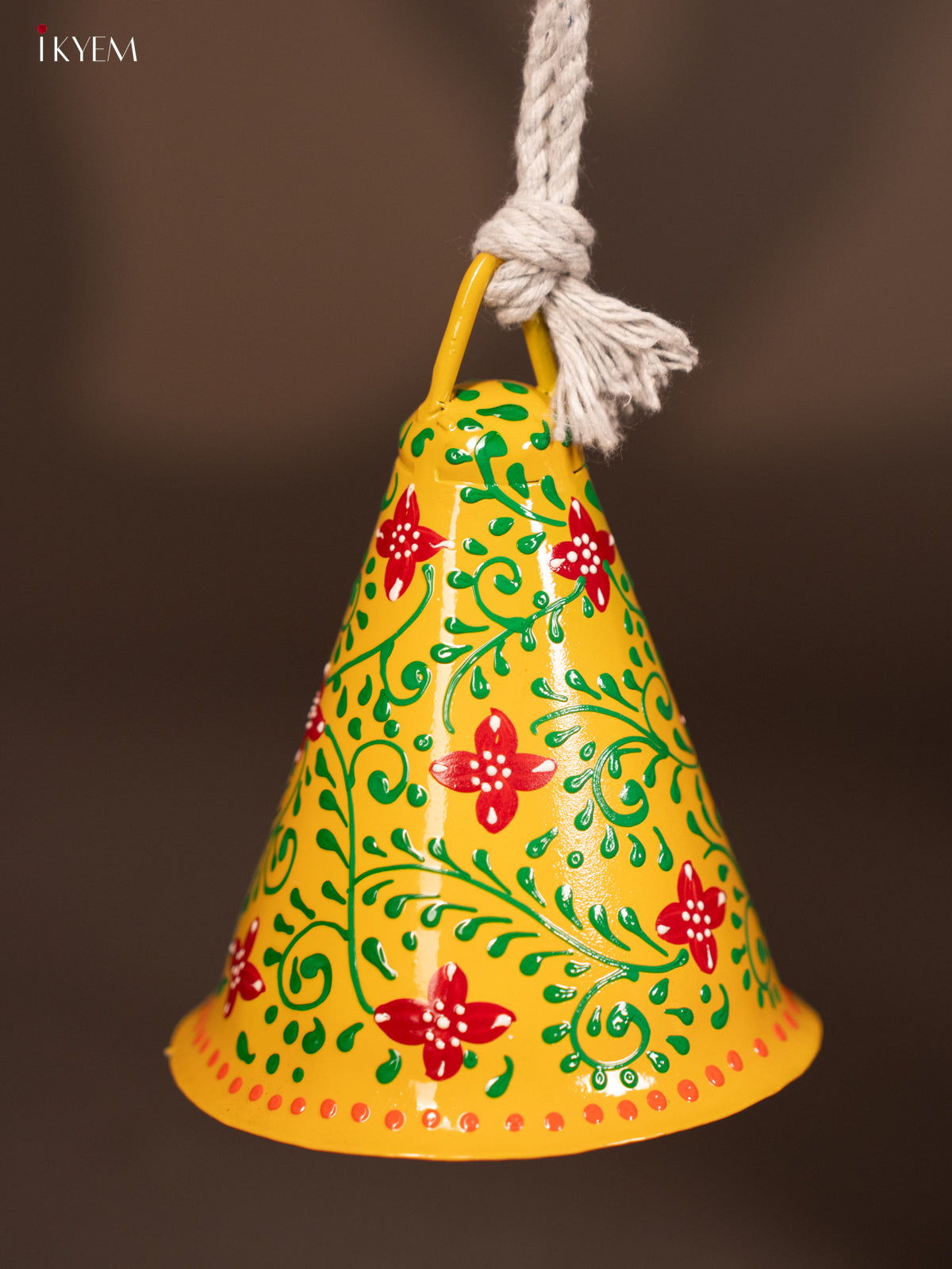 Hand Painted Cow Bell Cone Shape with Rope Handle - Yellow - KF07145