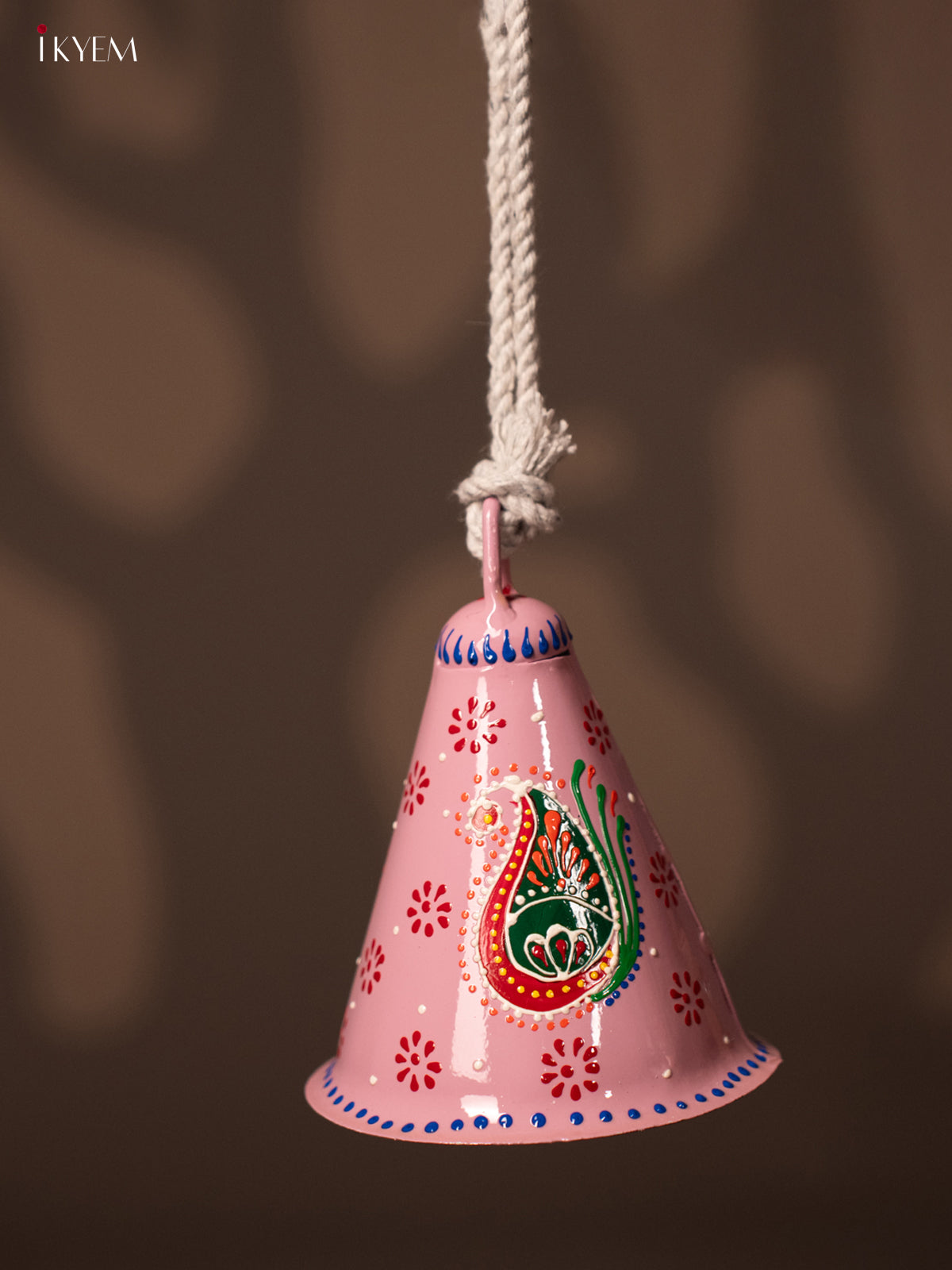Hand Painted Cow Bell Cone Shape with Rope Handle - Pink - KF07146