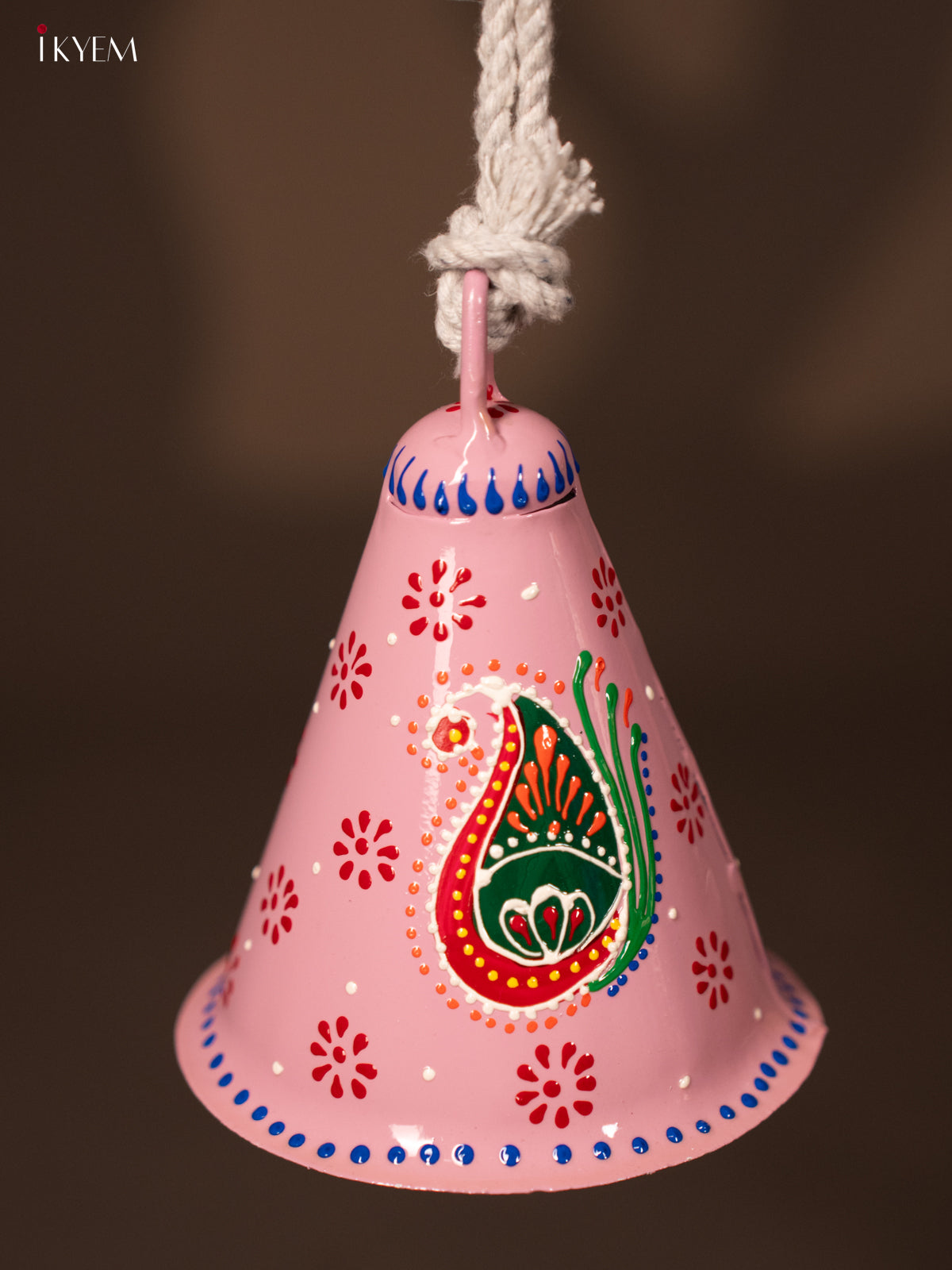 Hand Painted Cow Bell Cone Shape with Rope Handle - Pink - KF07146