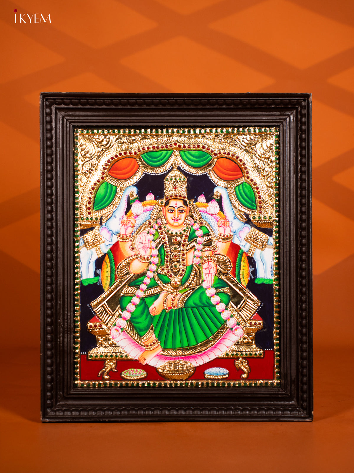 Gaja Lakshmi Tanjore painting - (20 x 23) - Green - KF10271