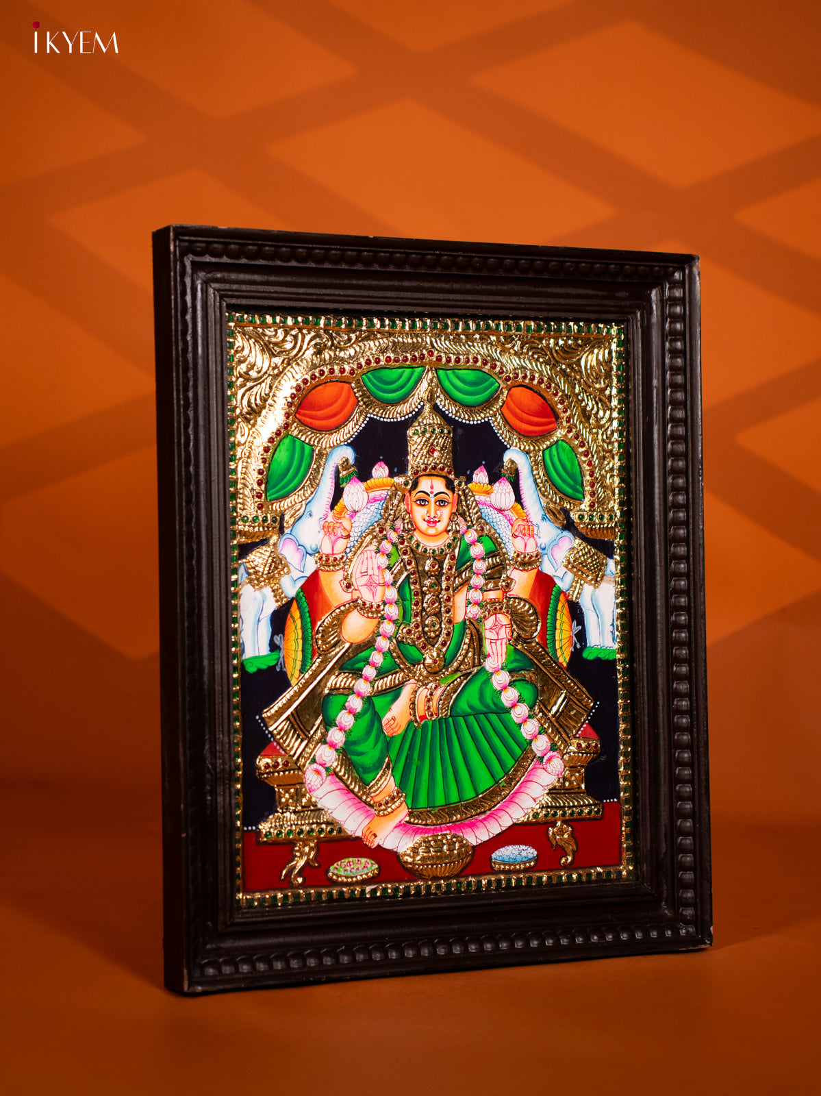 Gaja Lakshmi Tanjore painting - (20 x 23) - Green - KF10271