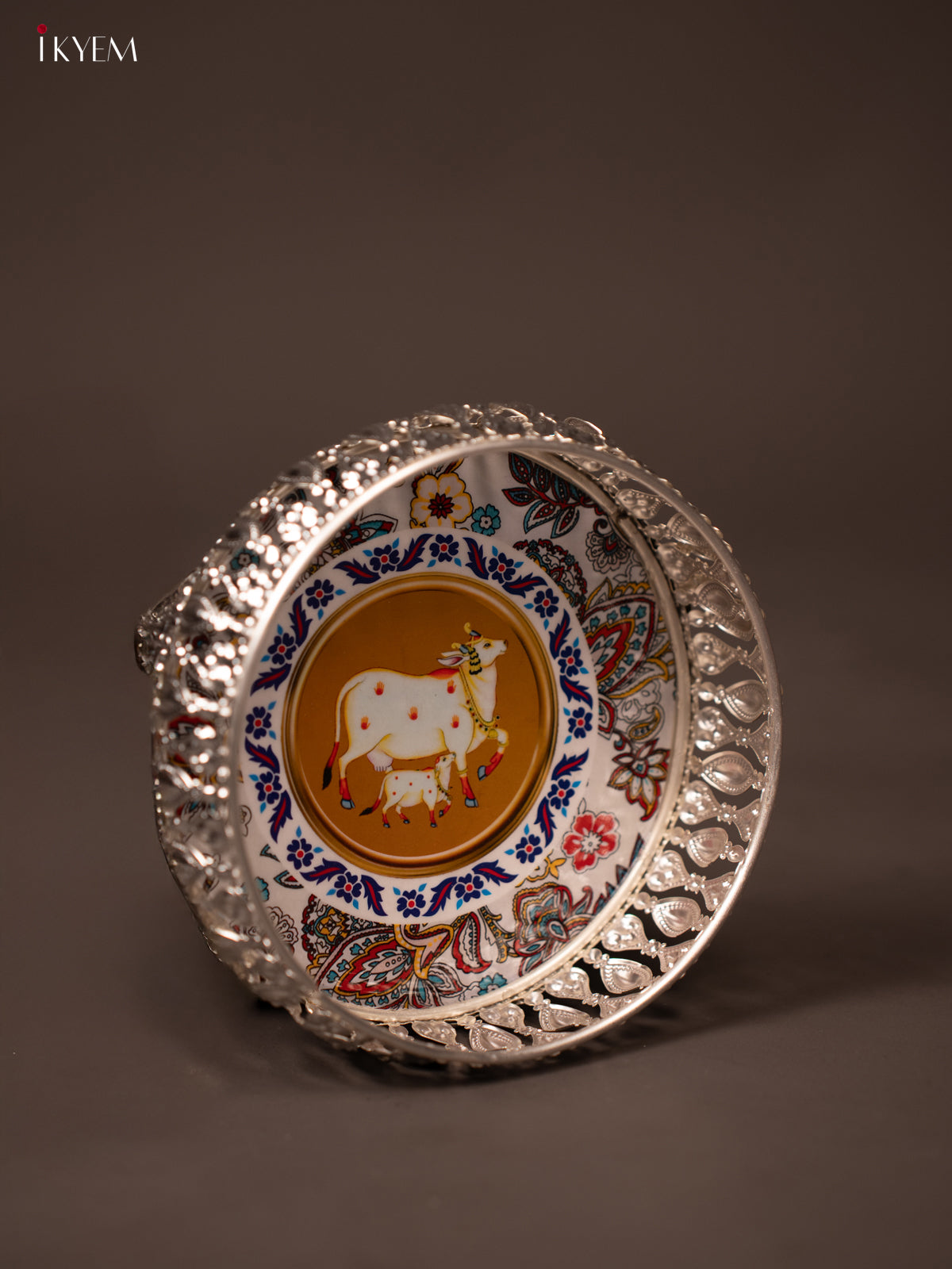 Multicolour Pichwai Cow & Calf Printed German Silver Tray - KF21126