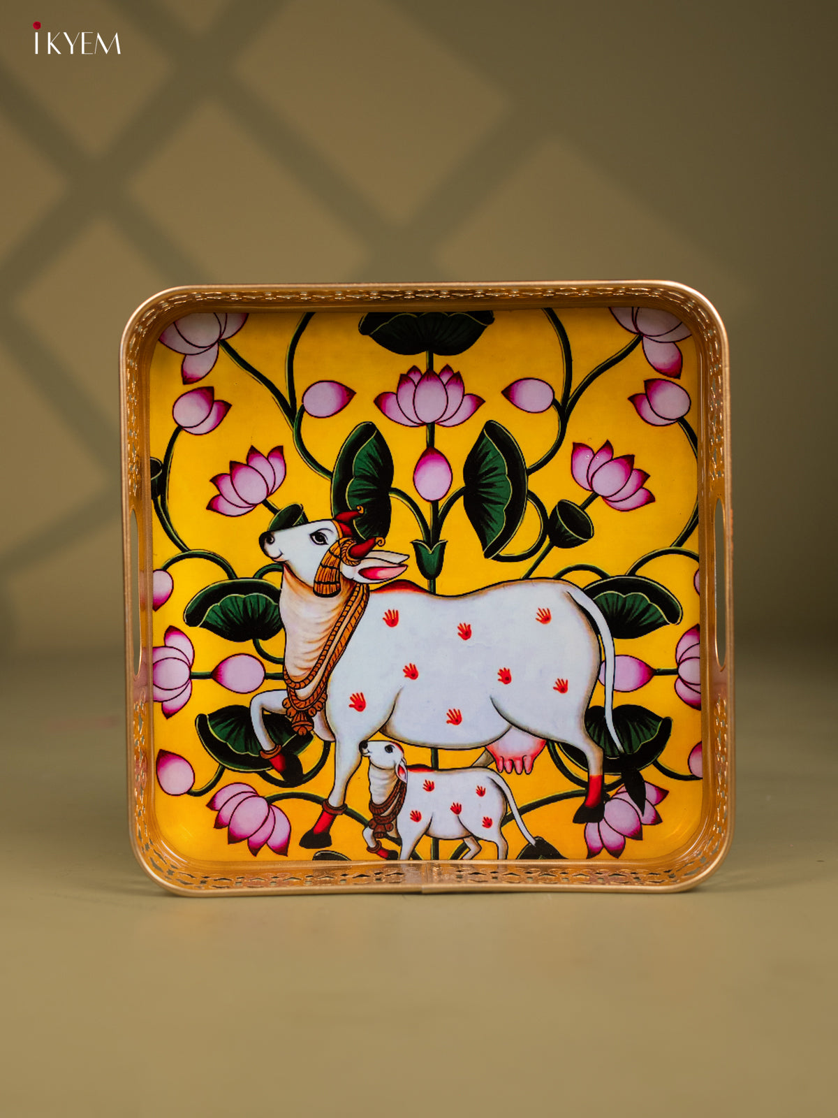 Pichwai Cow & Calf Printed Yellow Metal Tray - KF25112