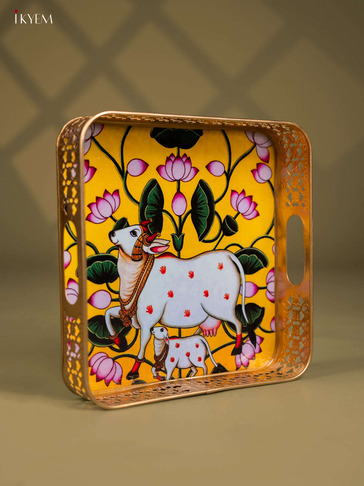 Pichwai Cow & Calf Printed Yellow Metal Tray - KF25112