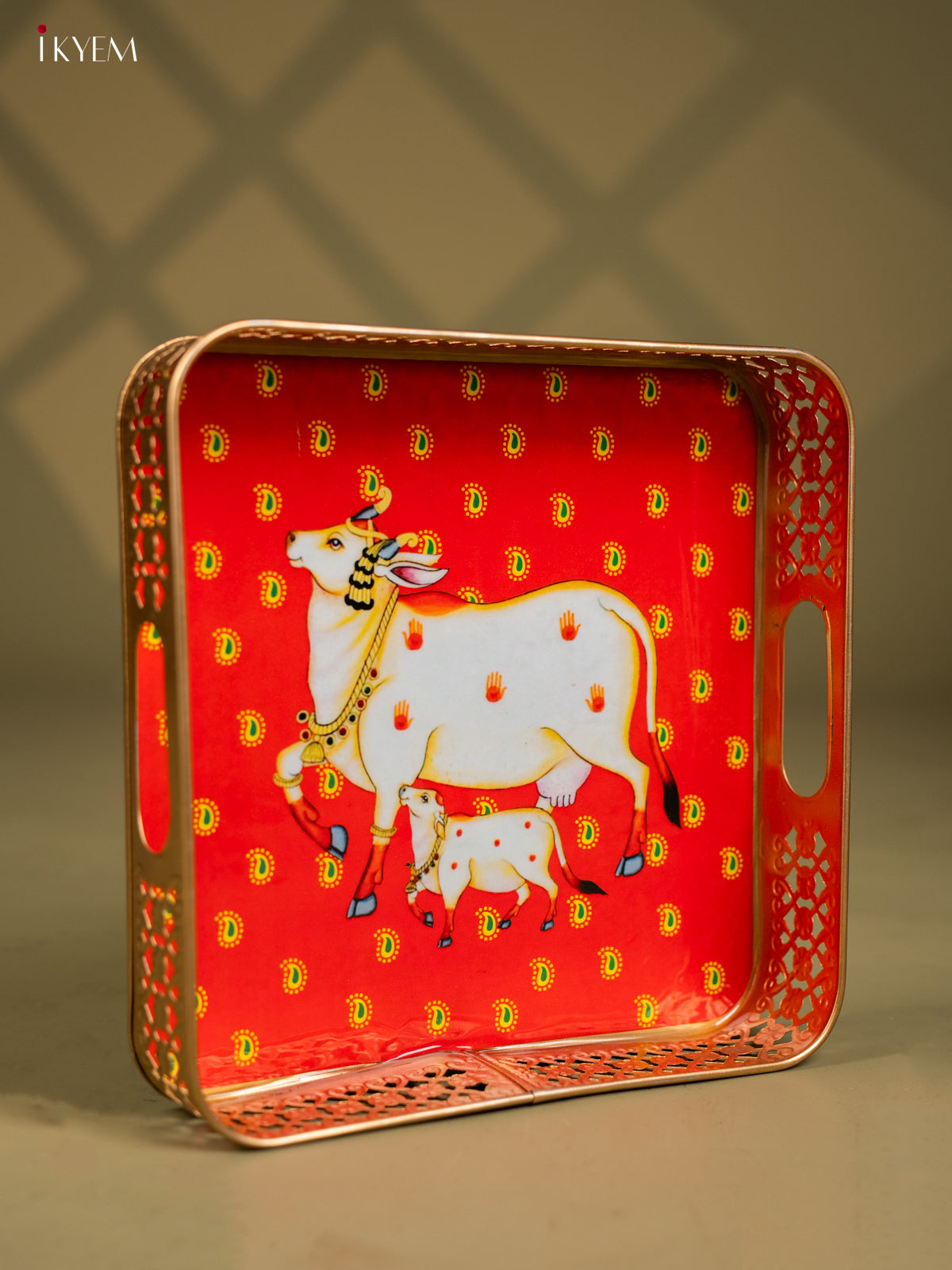Pichwai Cow & Calf Printed Red Metal Tray - KF25113