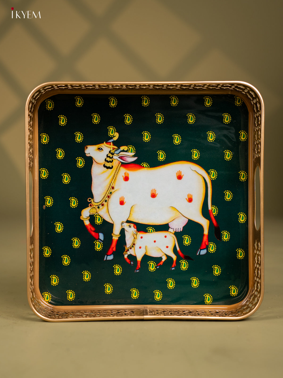 Pichwai Cow & Calf Printed Green Metal Tray - KF25115