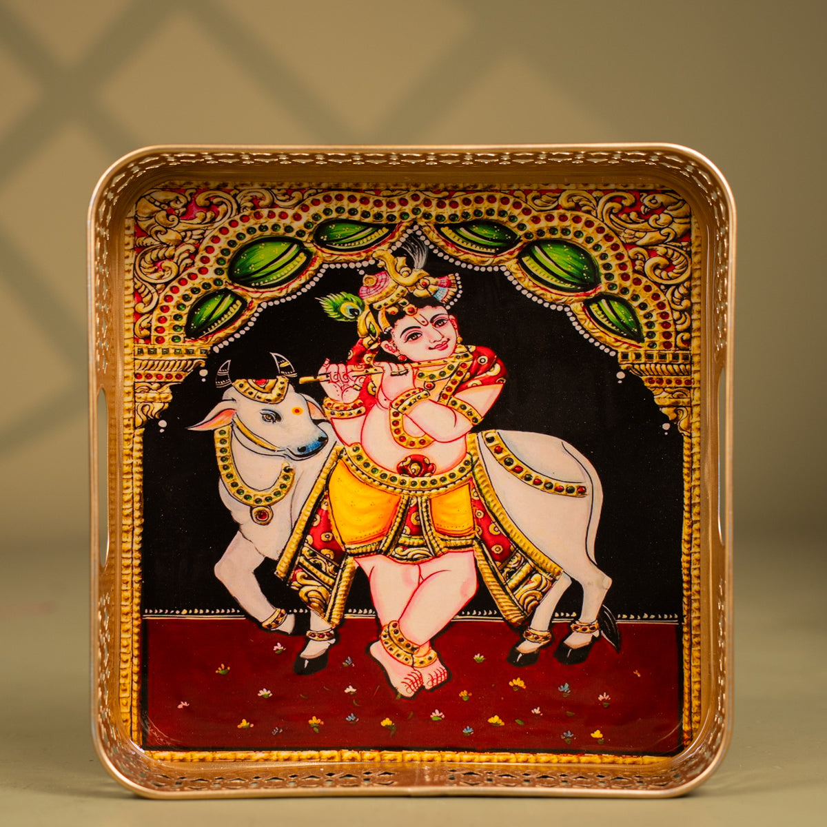 Krishna Rondo Trays Lord Krishna & Cow Printed Metal Trays | Shop Ikyem