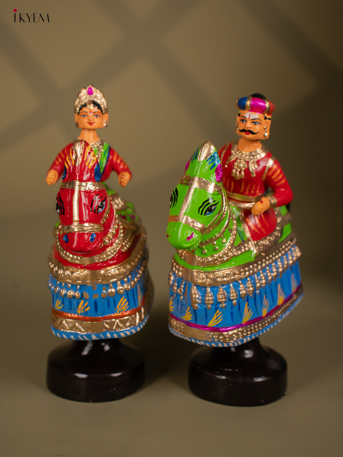 Thanjavur Dancing Doll - Poikalkuthirai Couples - 14.5 Inch - Green & Red - KF26122