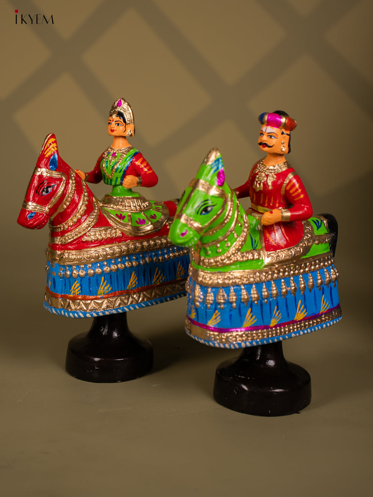 Thanjavur Dancing Doll - Poikalkuthirai Couples - 14.5 Inch - Green & Red - KF26122