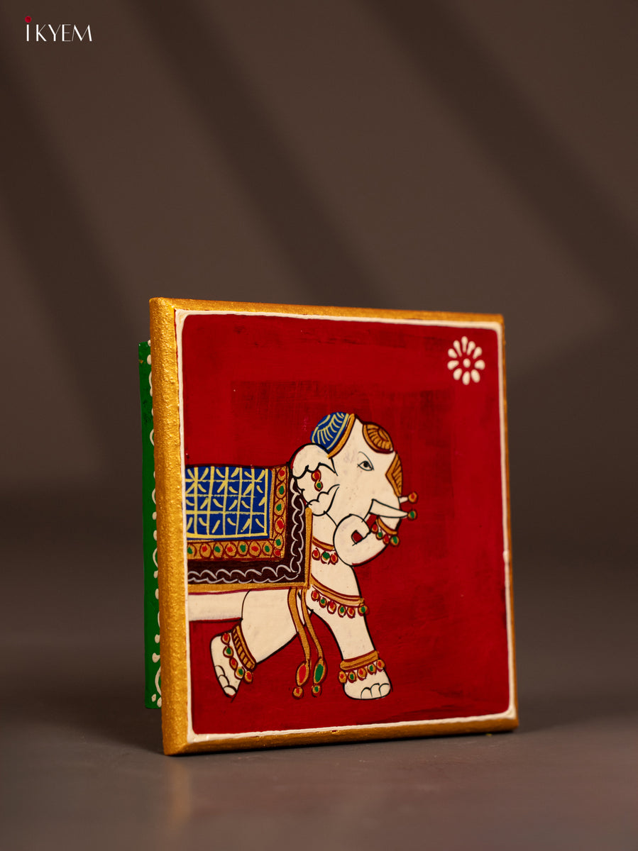 Traditional Maroon Wooden Manai with Hand-Painted Elephant - (6x6) - K ...