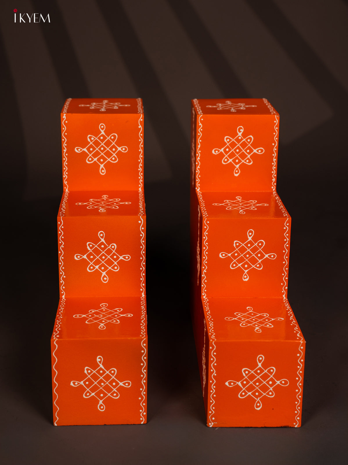 WOODEN HANDPAINTED 3 STEP DIYA PADI (set of 2) - ORANGE - KG01123