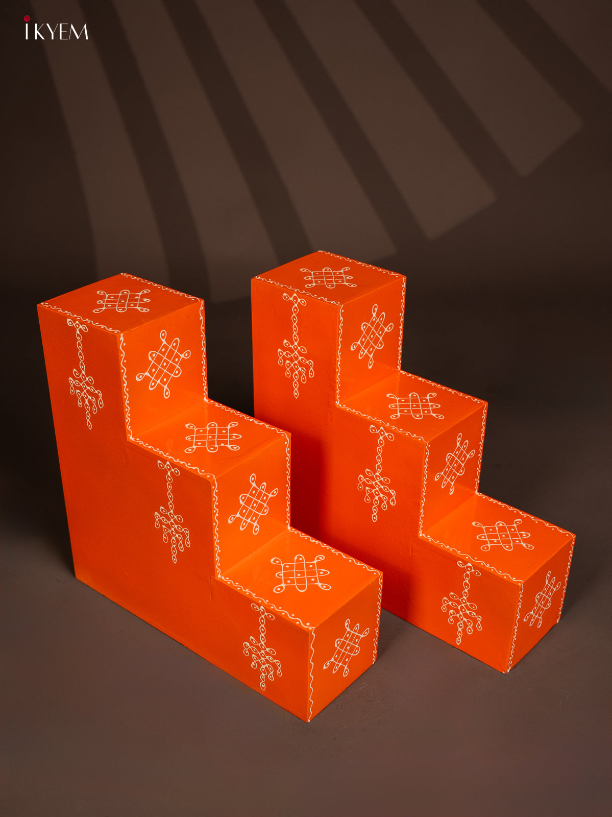 WOODEN HANDPAINTED 3 STEP DIYA PADI (set of 2) - ORANGE - KG01123