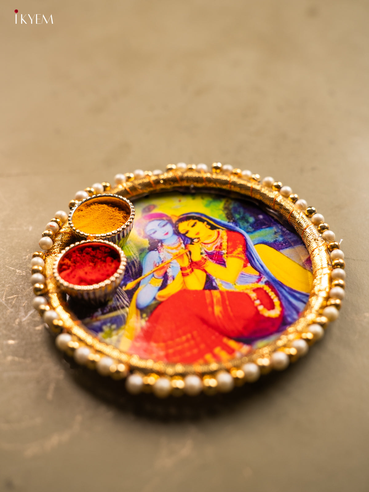 Radha krishna Printed Plate With Haldi kumkum holder -1