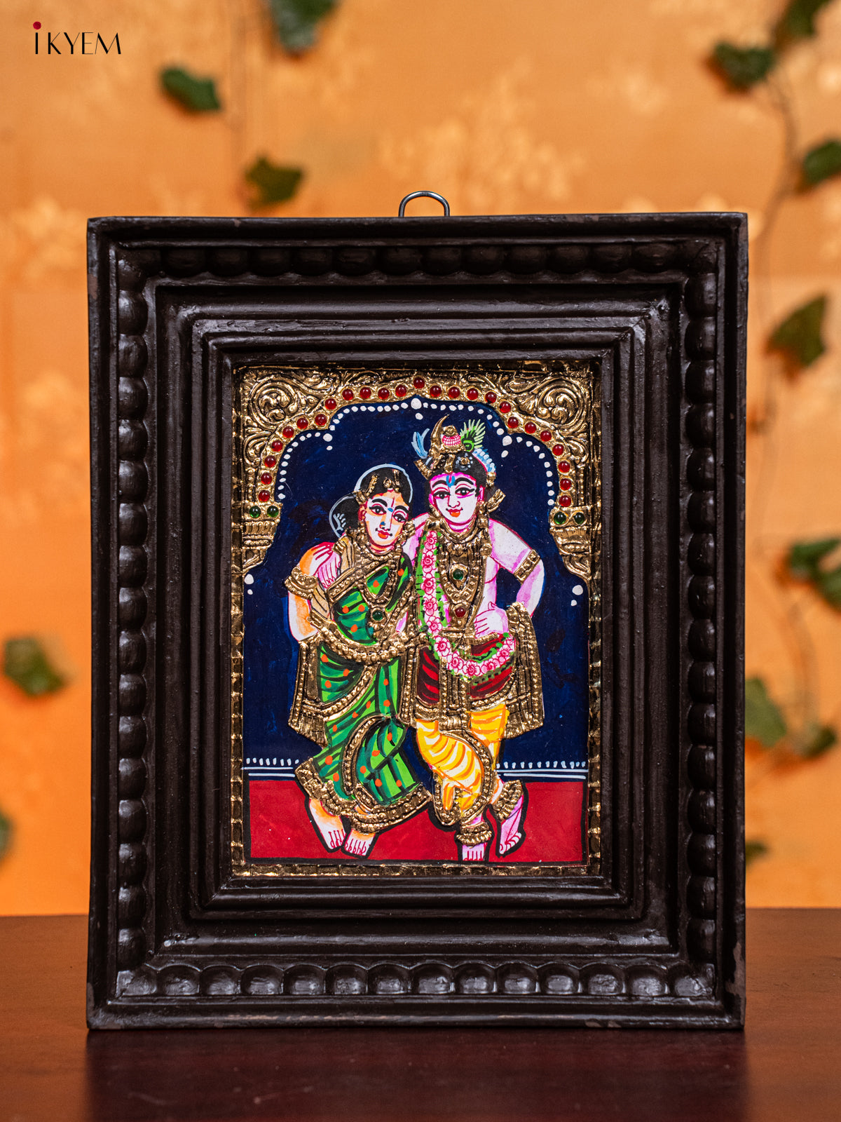 Stunning Krishna & Rukmani Thanjavur painting In Teak wood Frame