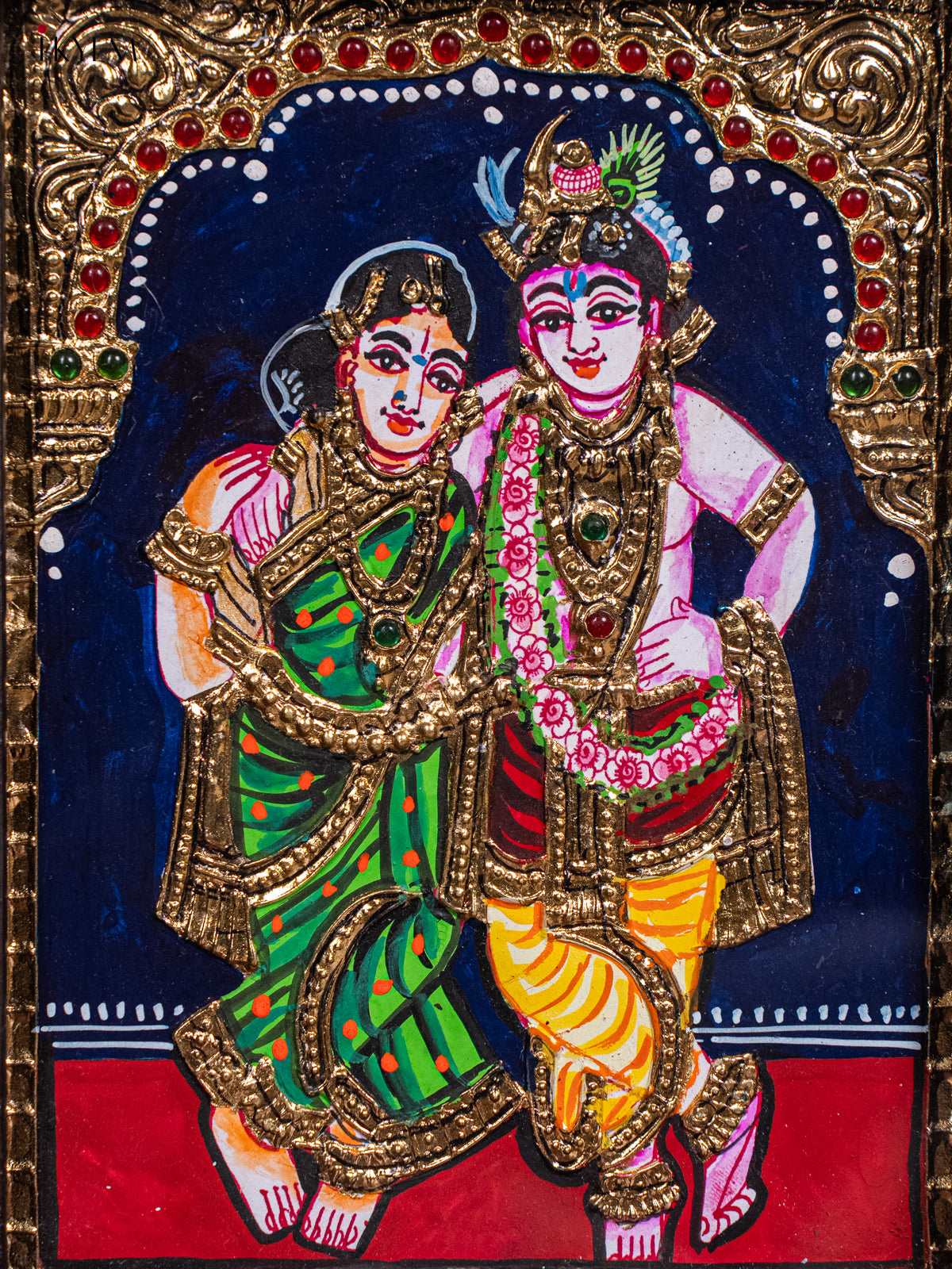 Stunning Krishna & Rukmani Thanjavur painting In Teak wood Frame 2