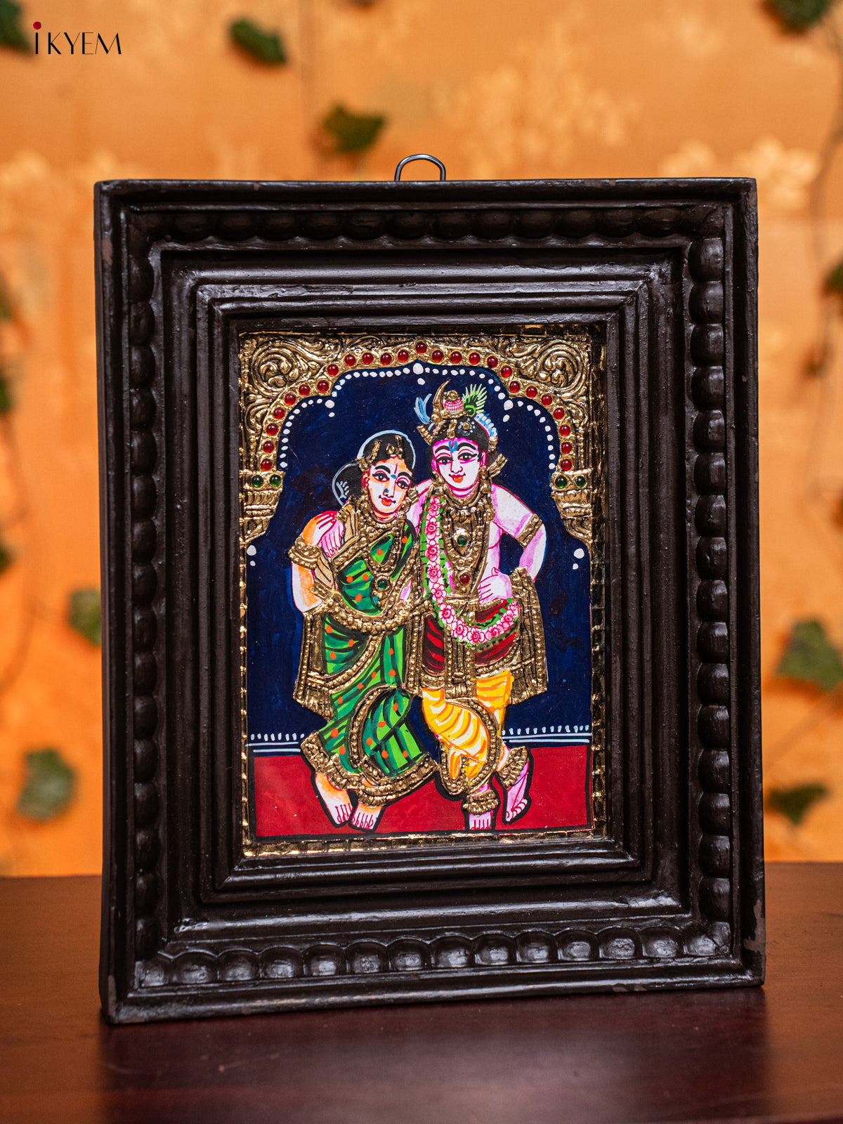 Stunning Krishna & Rukmani Thanjavur painting In Teak wood Frame 1
