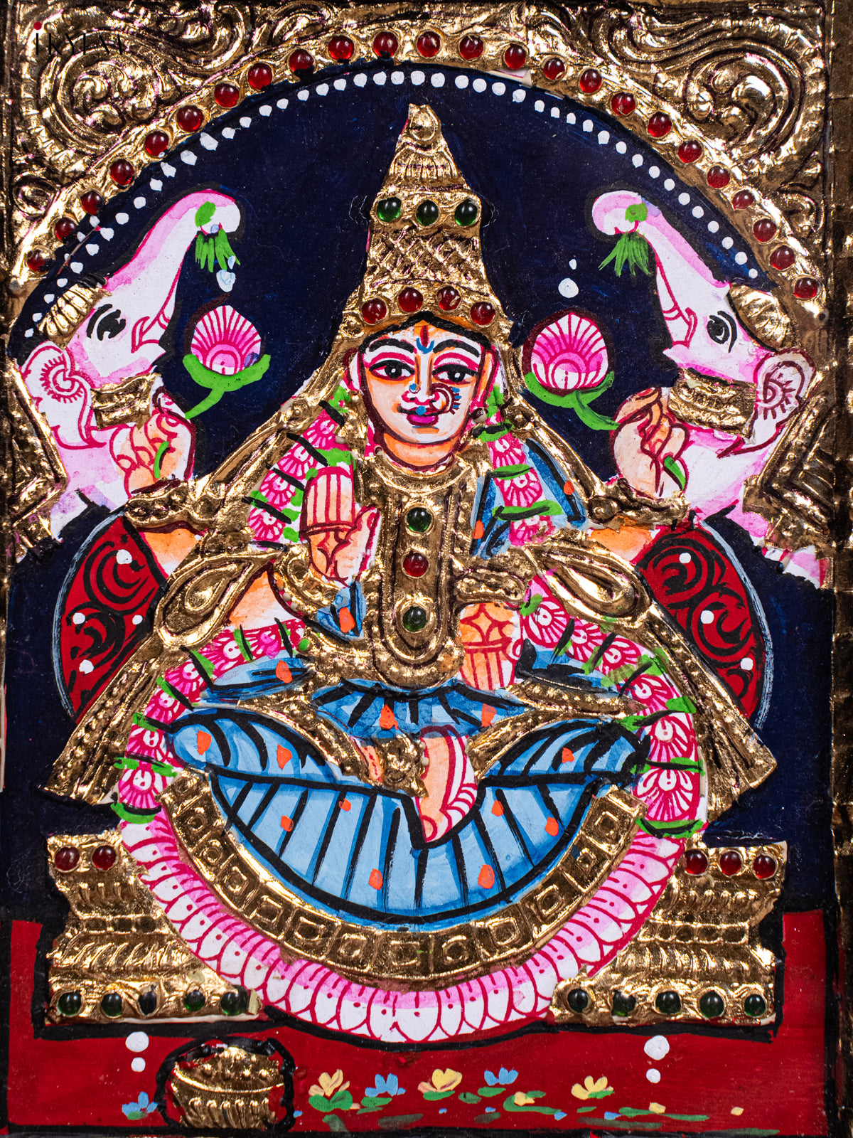 Majestic Goddess Gajalakshmi Tanjore Painting in Teak Wood Frame 2