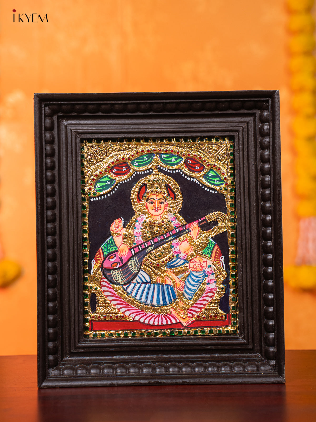 Stunning Thanjavur Painting Of Goddess Saraswathi With Veena 