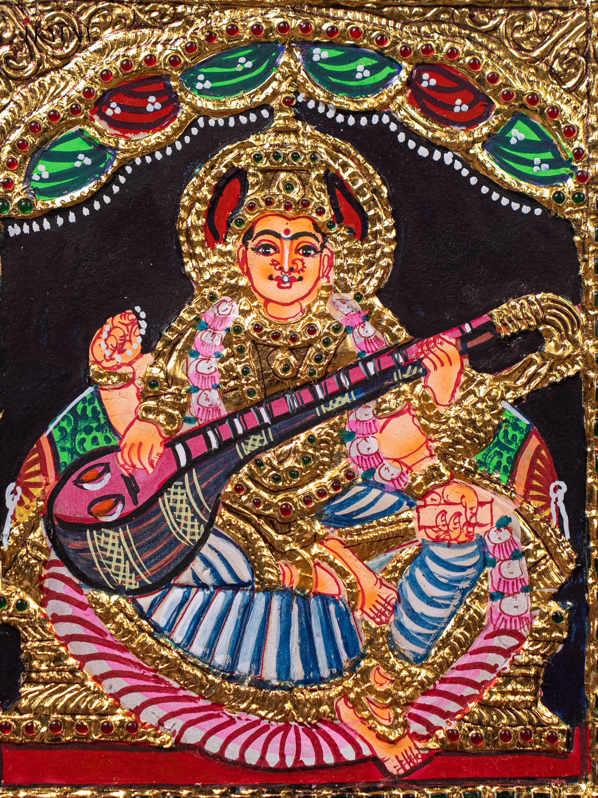 Stunning Thanjavur Painting Of Goddess Saraswathi With Veena 2