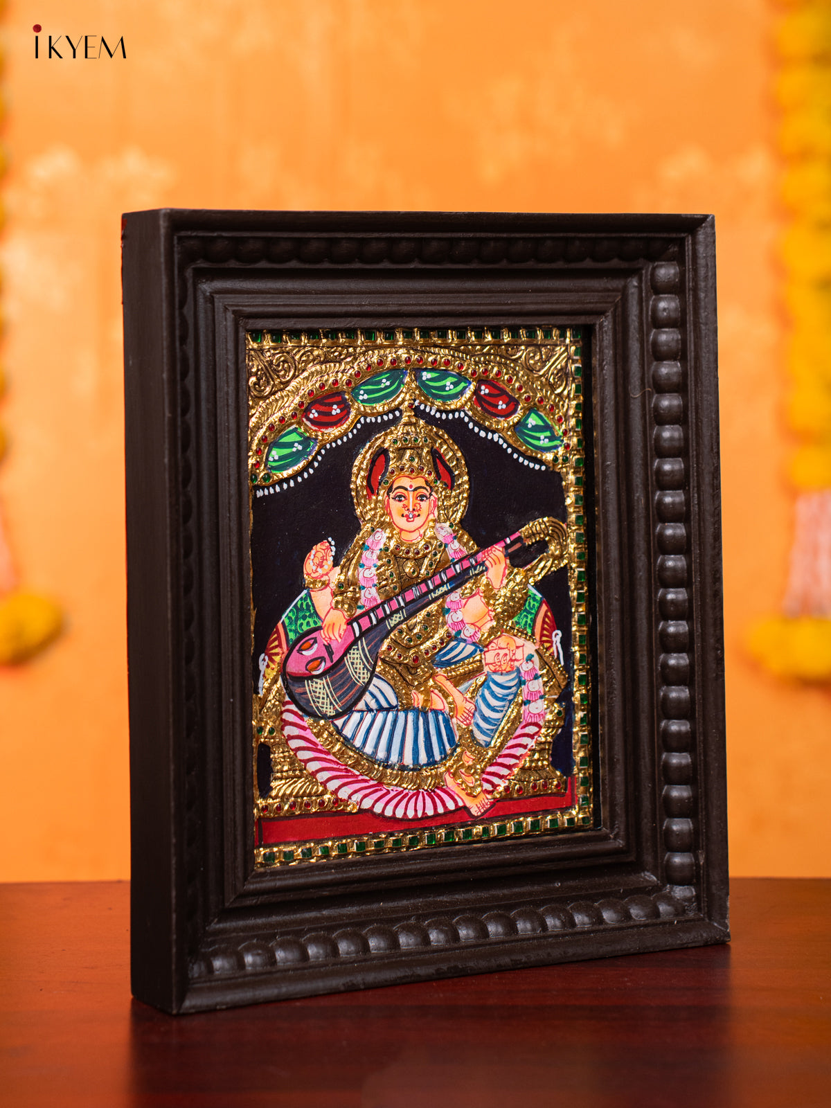 Stunning Thanjavur Painting Of Goddess Saraswathi With Veena 1