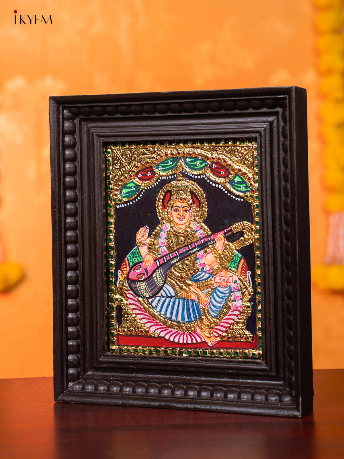 Stunning Thanjavur Painting Of Goddess Saraswathi With Veena 4