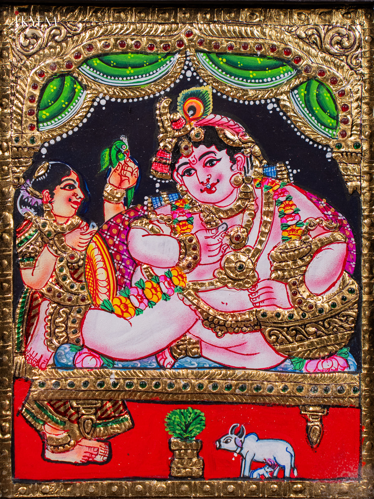 Opulent Tanjore painting Of Lord Krishna Seated In His Throne 2