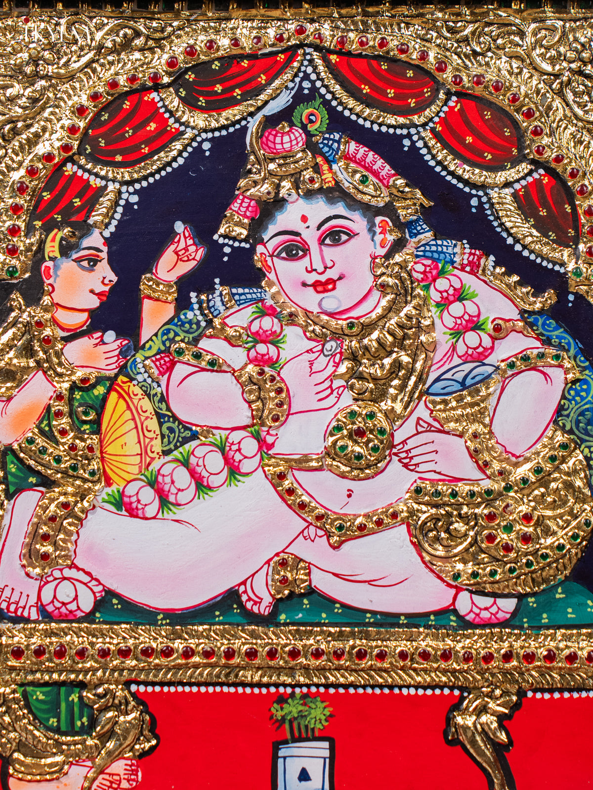 Vibrant Tanjore painting Of Baby Krishna With Butter Pot 2