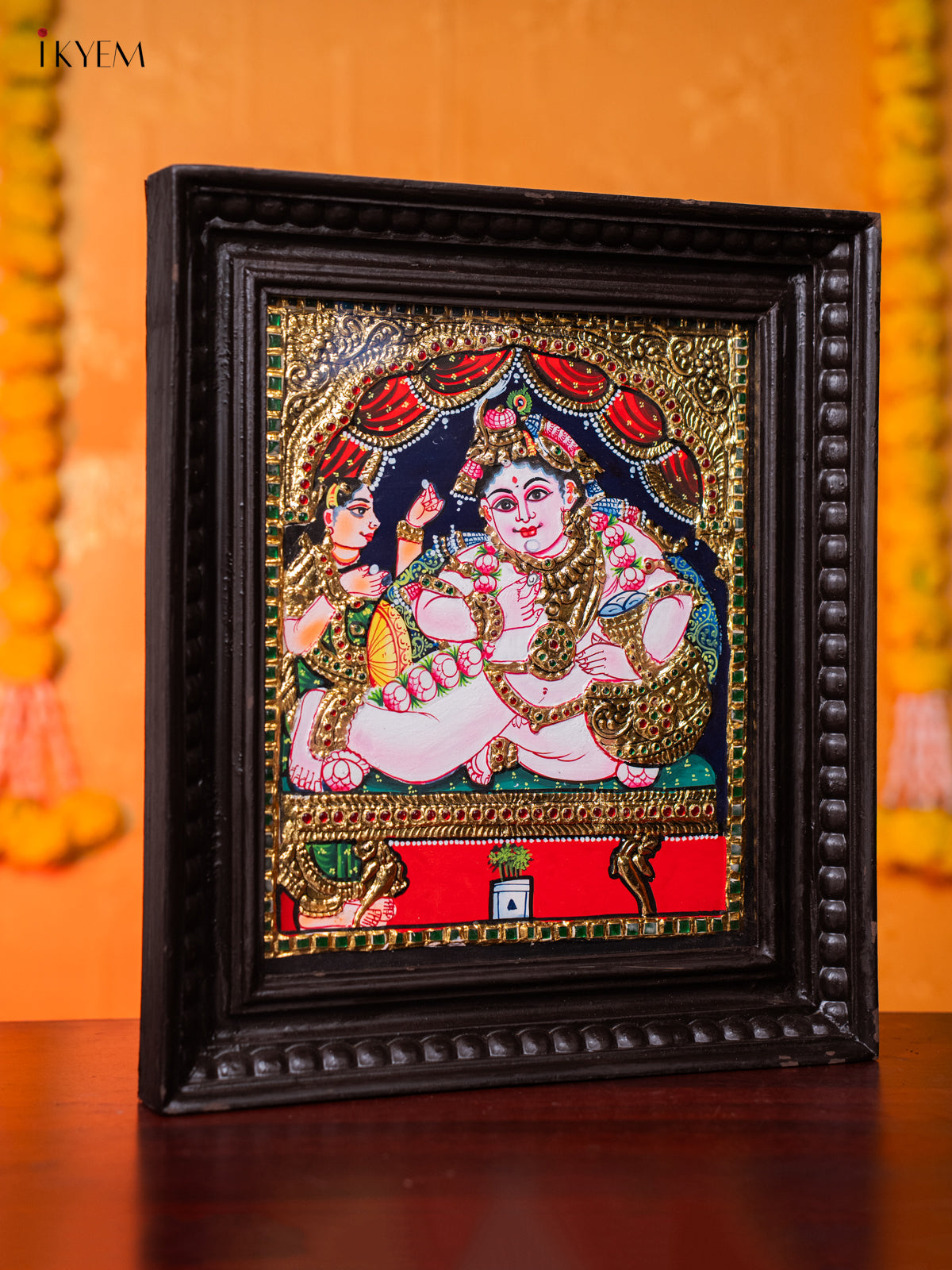 Vibrant Tanjore painting Of Baby Krishna With Butter Pot 3
