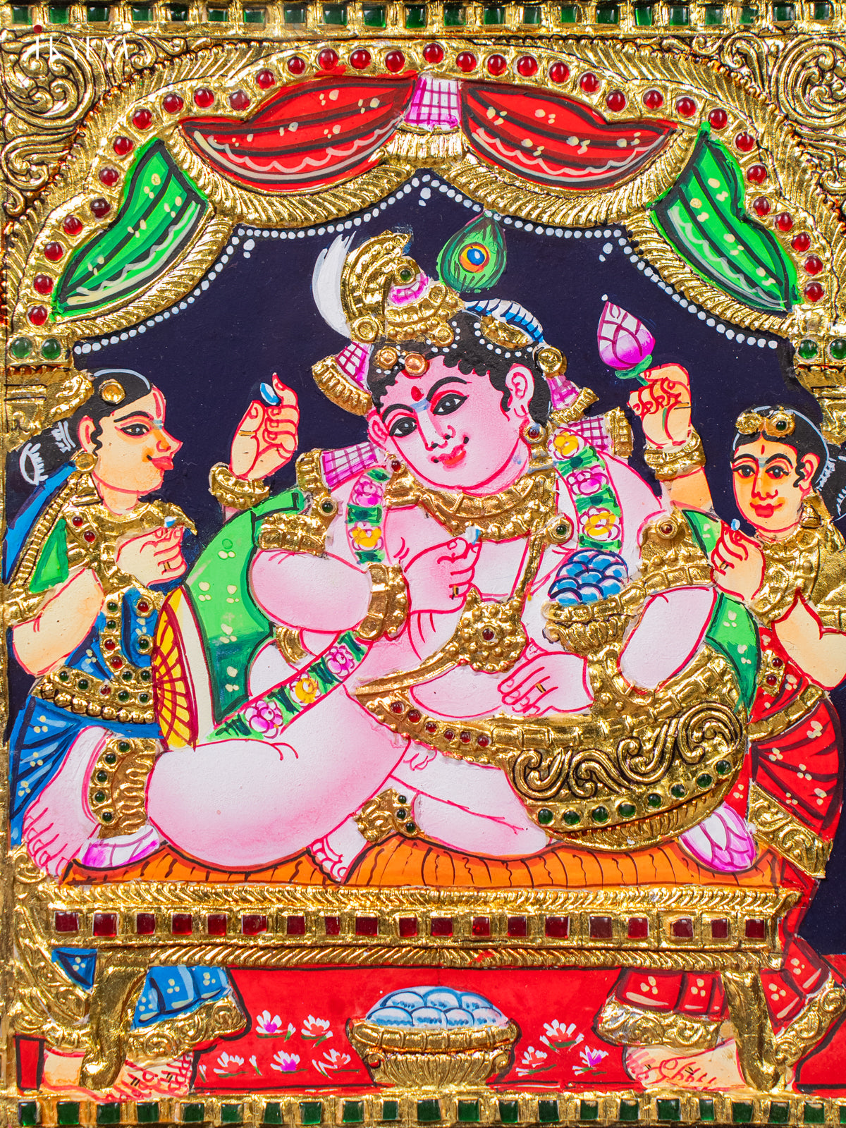 Rich Thanjavur Painting Of Bala Krishna With 2 Gopikas 3