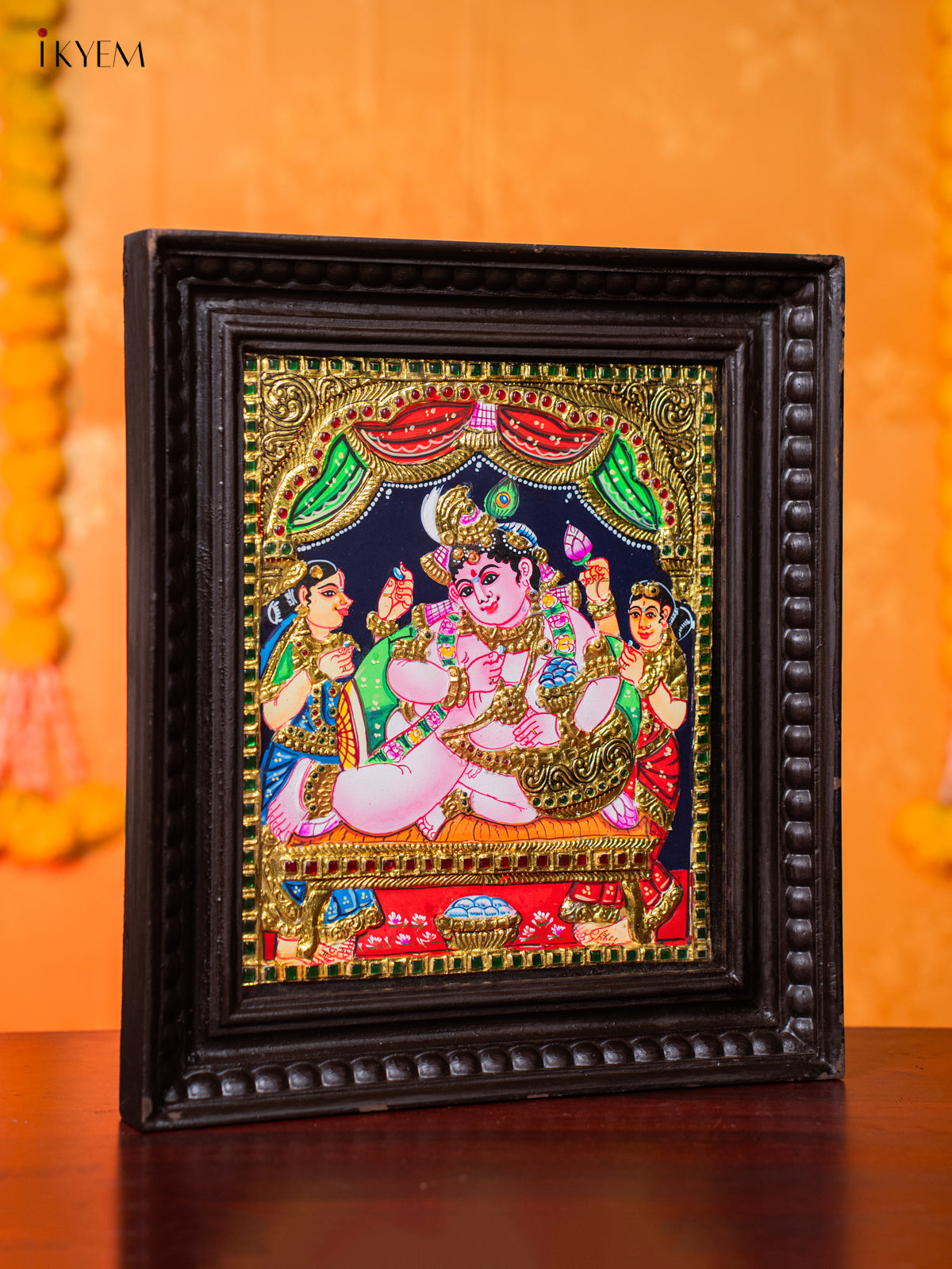 Rich Thanjavur Painting Of Bala Krishna With 2 Gopikas 4