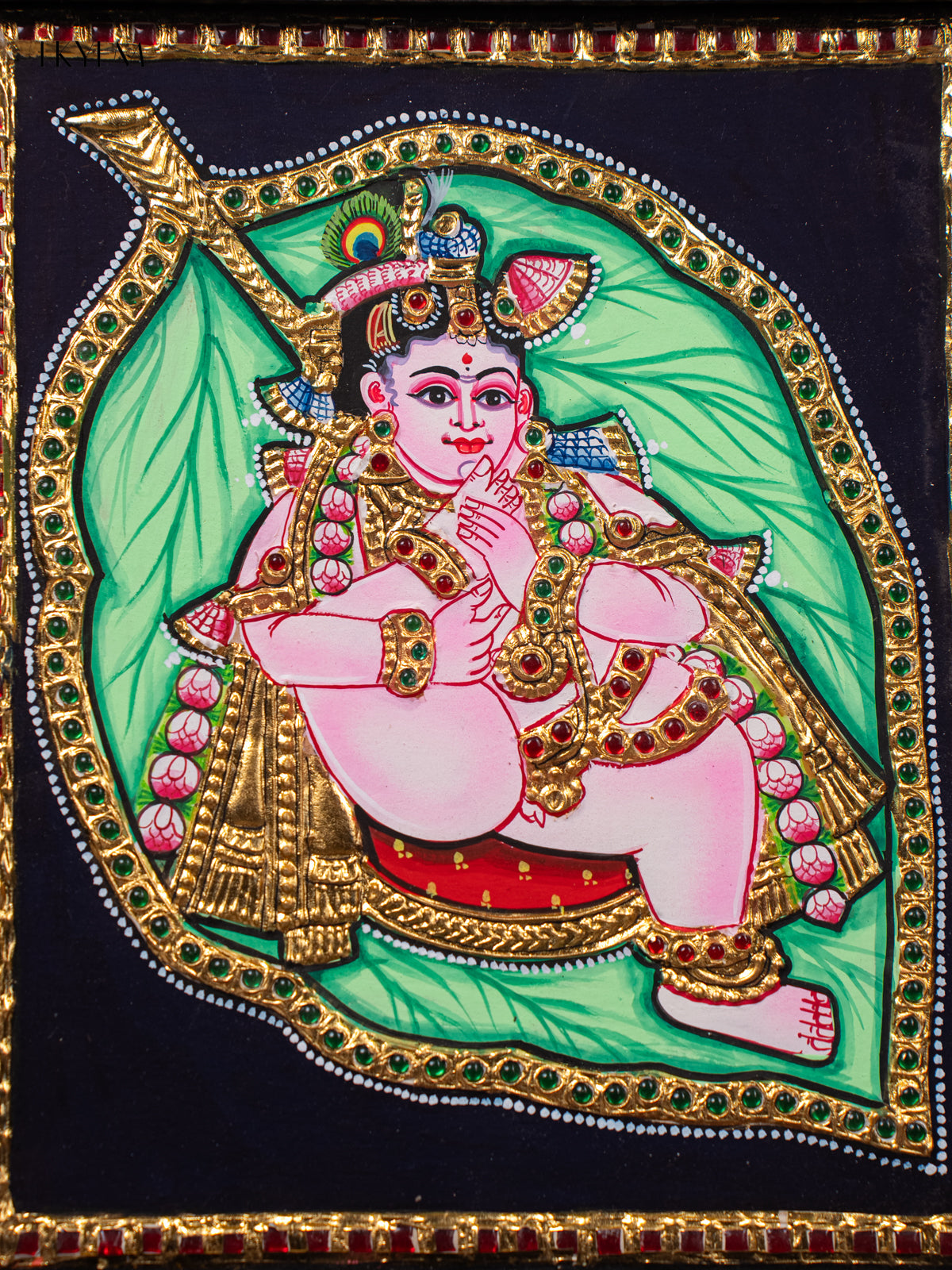 Cute Thanjavur Painting Of Baby Krishna In Banyan Leaf 2
