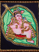 Cute Thanjavur Painting Of Baby Krishna In Banyan Leaf 2