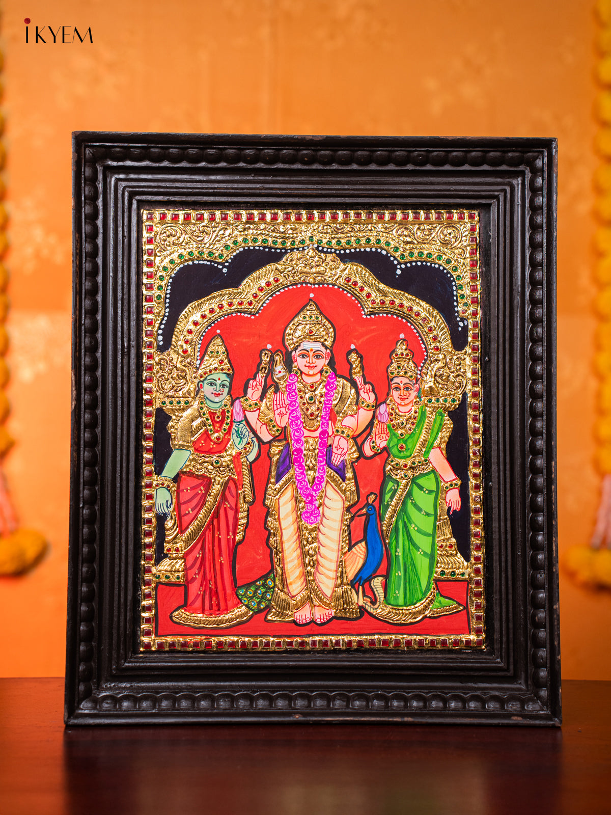 Radiant Lord Murugar With Valli & Deivanai Tanjore painting