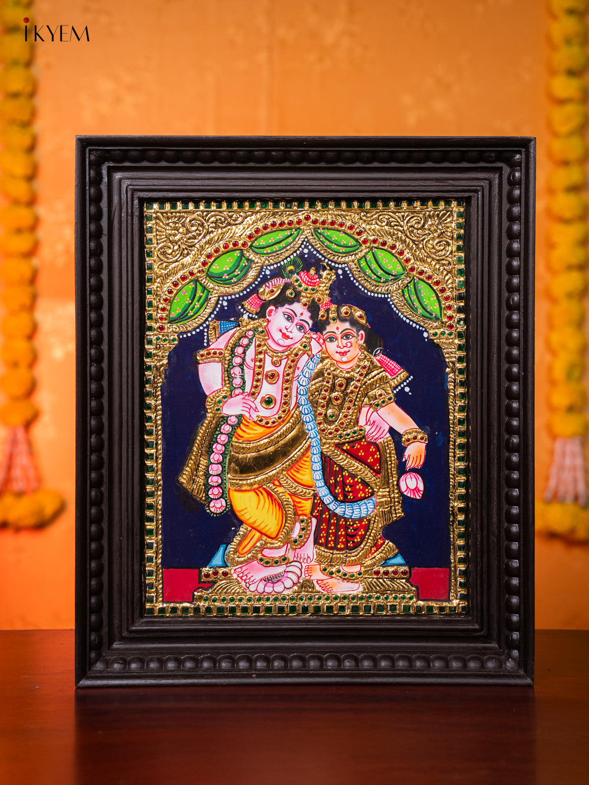 Graceful Lord Krishna & Rukmani Tanjore painting 