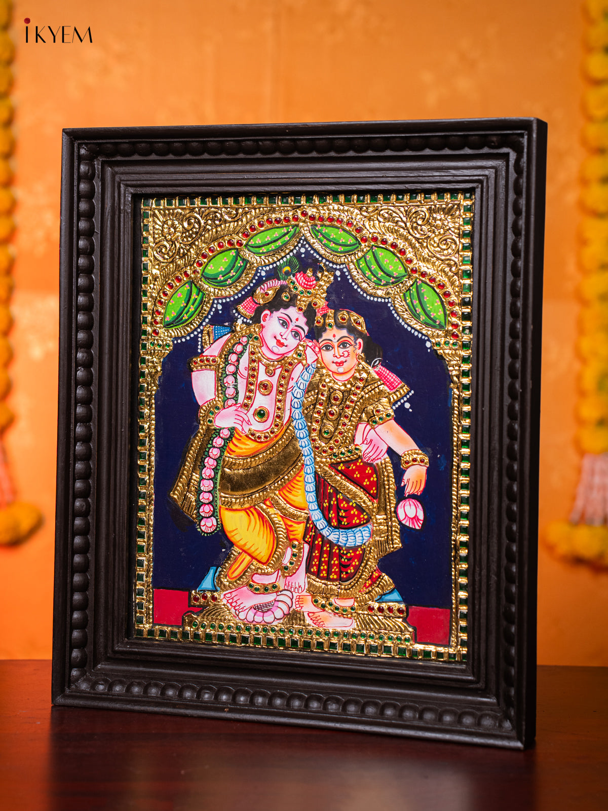 Graceful Lord Krishna & Rukmani Tanjore painting  2
